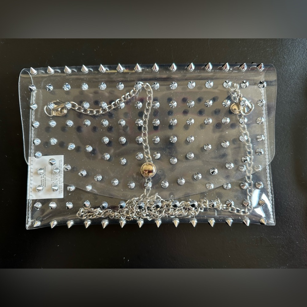 Small clear envelope, Crossbody with silver spikes and silver Crossbody chain